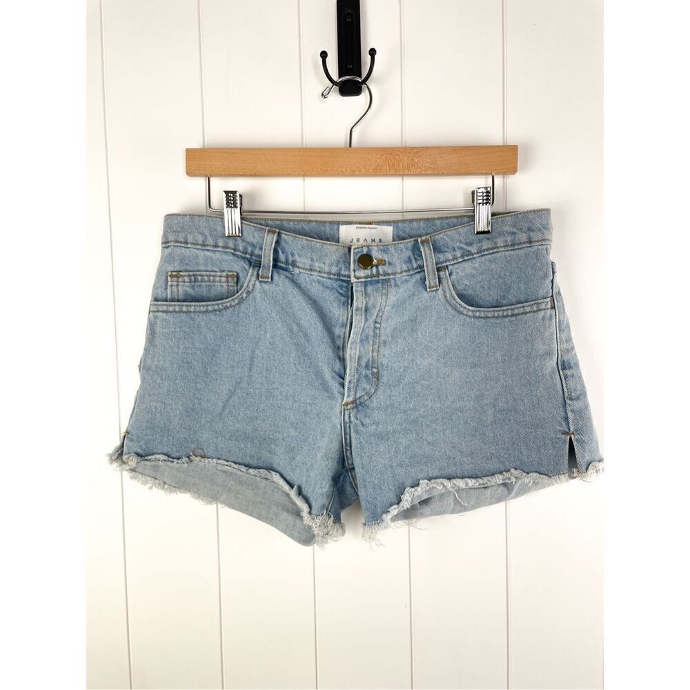 American Apparel Womens Jean Shorts 28 Light Wash Mid Rise Distressed Button Fly